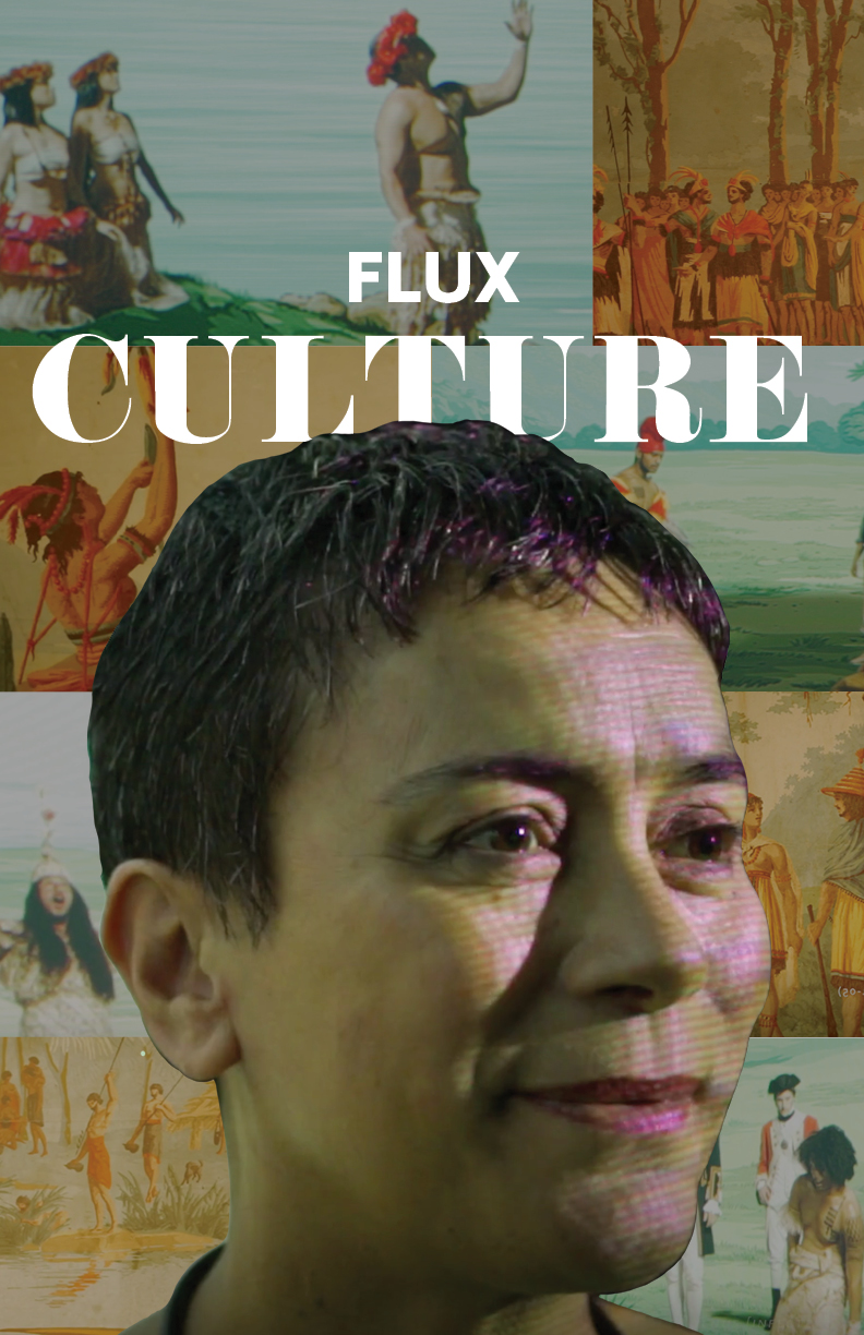 Lisa Reihana in the foreground with different stills of her artwork in the background. Text: Flux Culture.